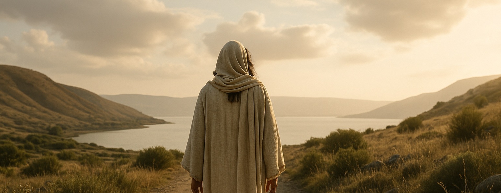 Jesus walking in a peaceful landscape
