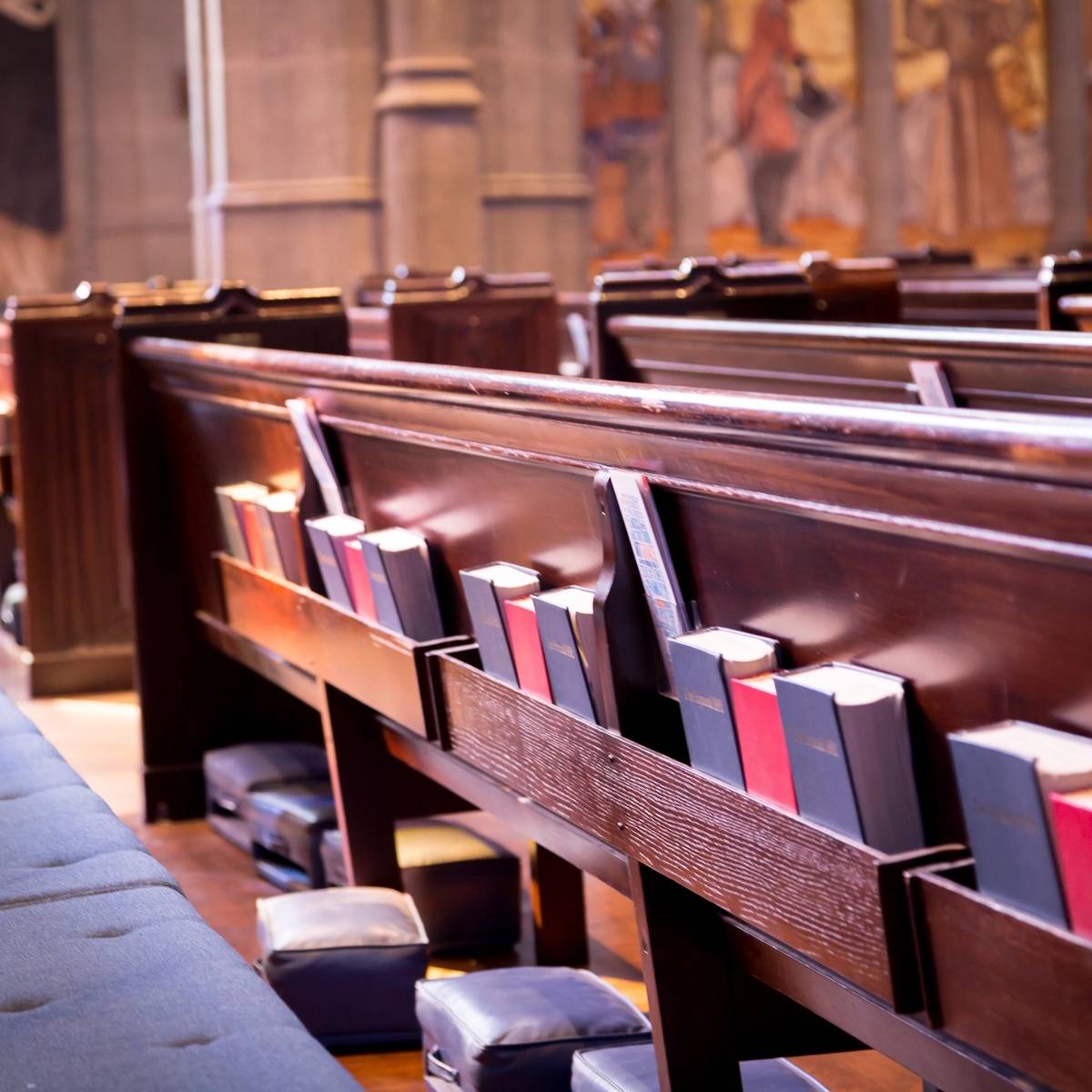 Church benches and books.